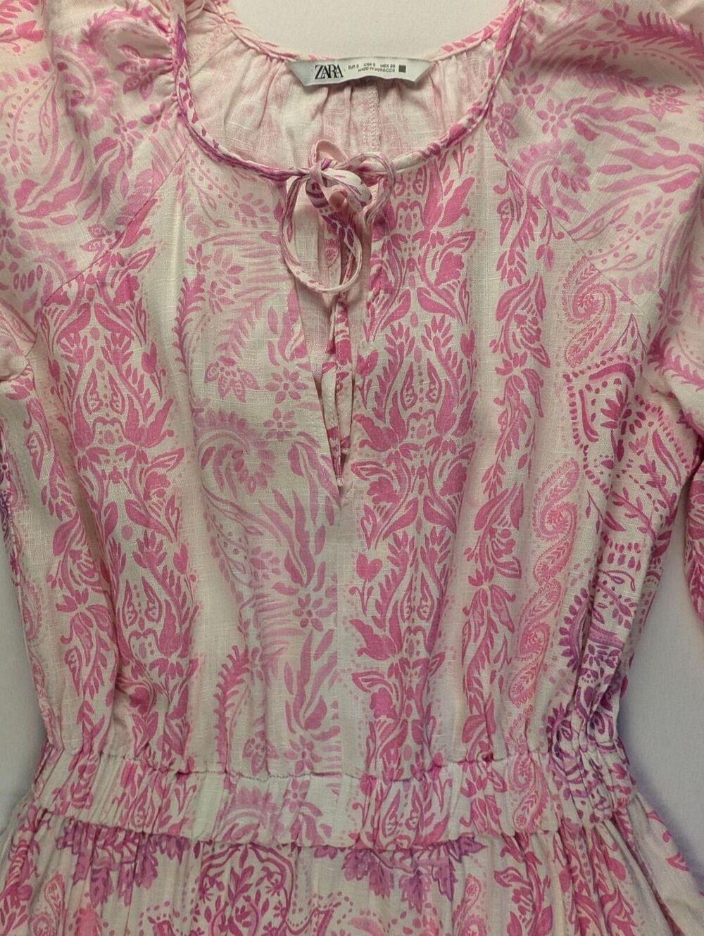 Zara Pink and White Floral Girly Patterned Dress with Tie Neck Size S - Picture 4 of 8
